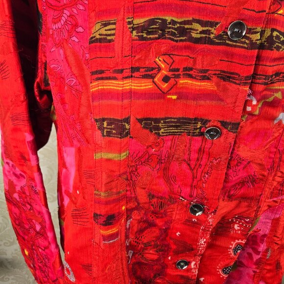 Chico's Size 3 (US XL) Red Multicolor Button Front Jacket 100% Silk Long Sleeve - Picture 5 of 12